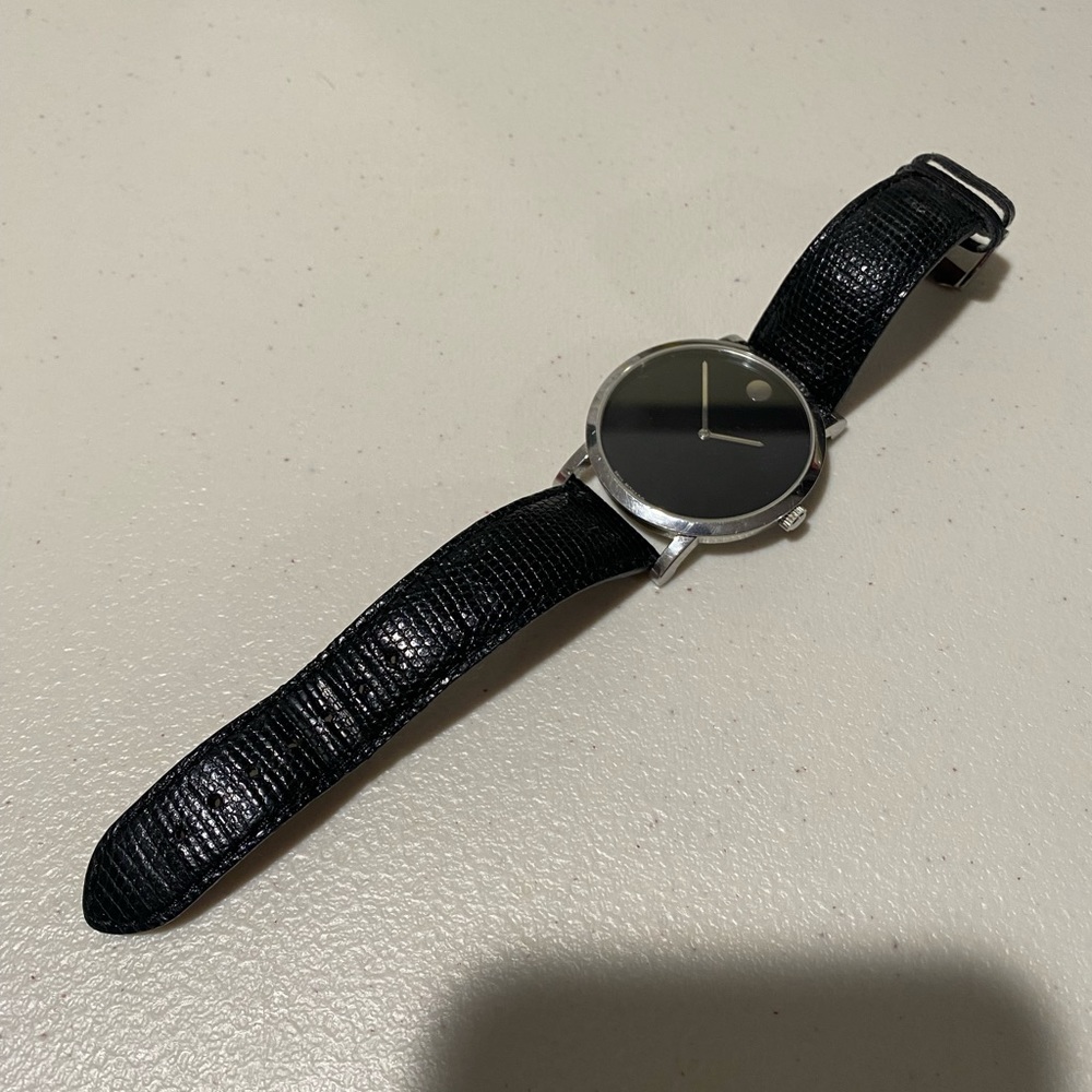 Movado men’s 9854894 museum black leather back skeleton movement watch